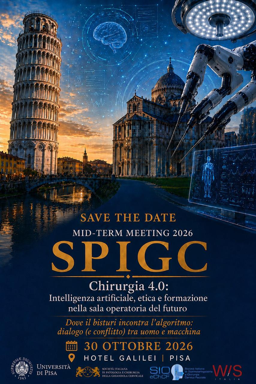 Locandina ufficiale del Mid-Term Meeting SPIGC 2026, dedicato a Chirurgia 4.0, intelligenza artificiale, etica e formazione, il 30 ottobre all’Hotel Galilei di Pisa.